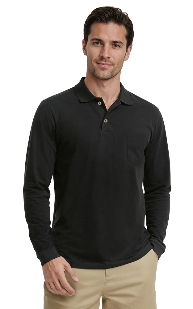 MENS LONG SLEEVE SUPERBLEND PIQUE WITH POCKET  -  BLACK 2 EXTRA LARGE SOLID