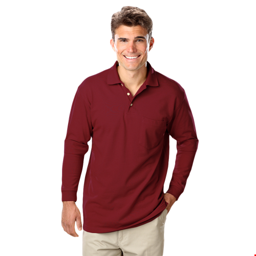 MENS LONG SLEEVE SUPERBLEND PIQUE WITH POCKET  -  BURGUNDY 2 EXTRA LARGE SOLID