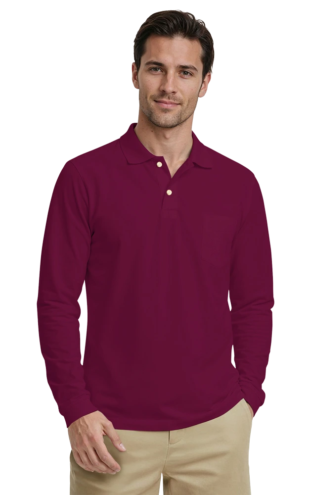 MENS LONG SLEEVE SUPERBLEND PIQUE WITH POCKET  -  BURGUNDY 2 EXTRA LARGE SOLID