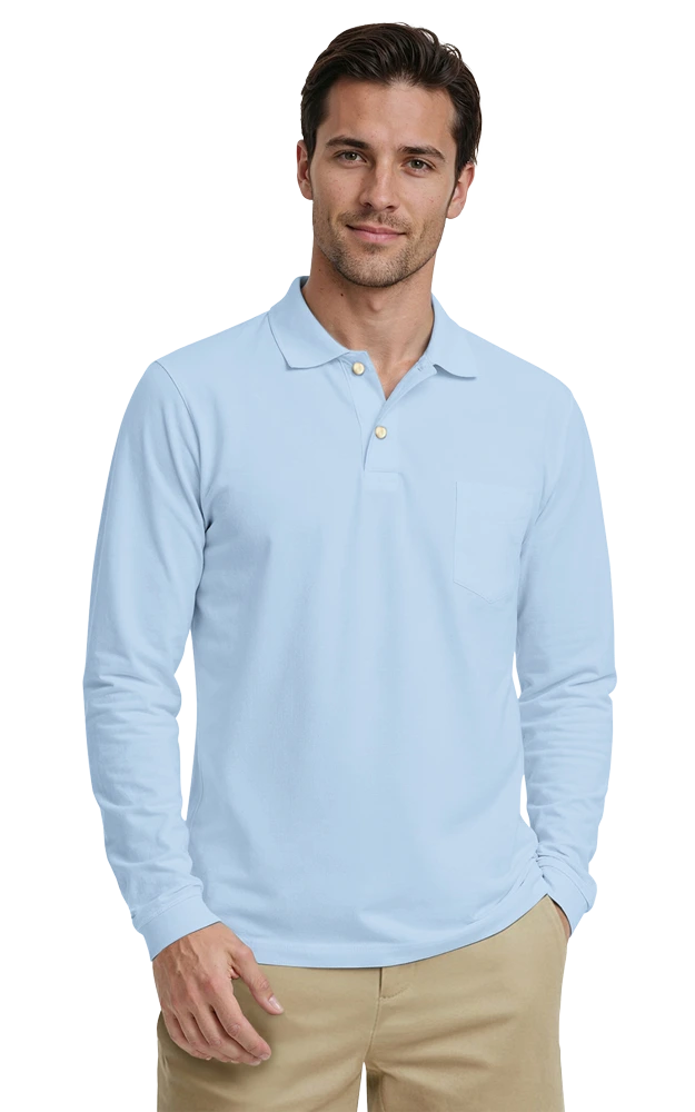MENS LONG SLEEVE SUPERBLEND PIQUE WITH POCKET  -  LIGHT BLUE 2 EXTRA LARGE SOLID