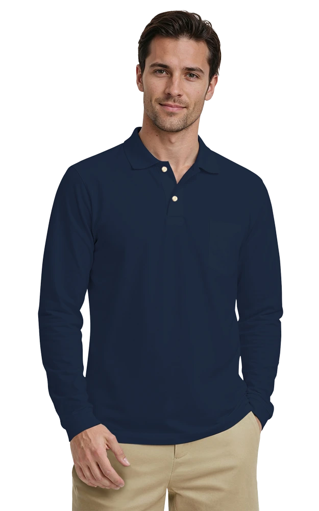 MENS LONG SLEEVE SUPERBLEND PIQUE WITH POCKET  -  NAVY 2 EXTRA LARGE SOLID