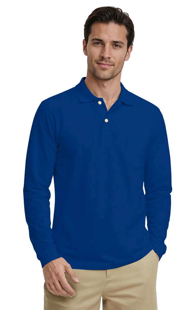MENS LONG SLEEVE SUPERBLEND PIQUE WITH POCKET  -  ROYAL 2 EXTRA LARGE SOLID