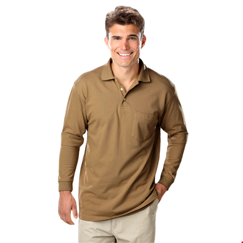 MENS LONG SLEEVE SUPERBLEND PIQUE WITH POCKET  -  TAN 2 EXTRA LARGE SOLID