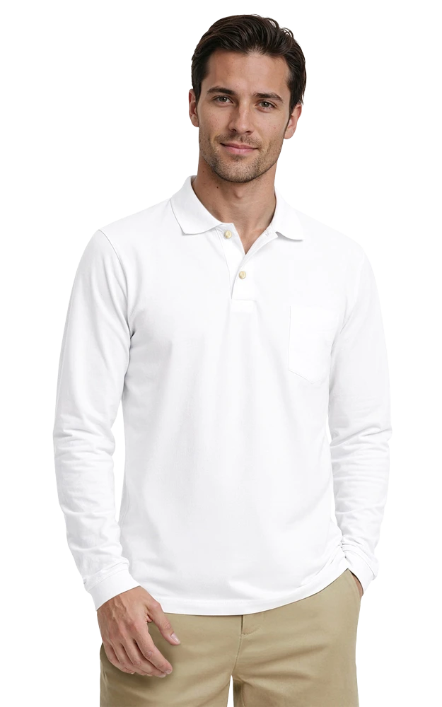 MENS LONG SLEEVE SUPERBLEND PIQUE WITH POCKET  -  WHITE 3 EXTRA LARGE SOLID