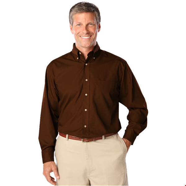 MENS LONG SLEEVE EASY CARE POPLIN  -  CHOCOLATE 10 EXTRA LARGE SOLID