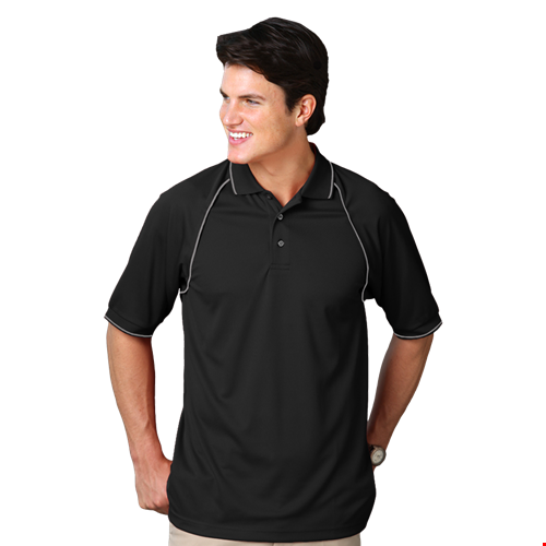 MENS WICKING PIPED POLO  -  BLACK 2 EXTRA LARGE SOLID