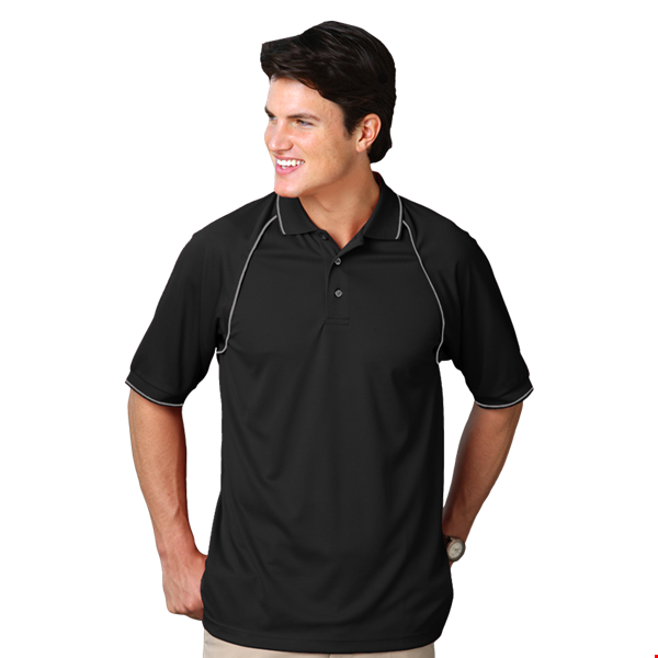 MENS WICKING PIPED POLO  -  BLACK 2 EXTRA LARGE SOLID