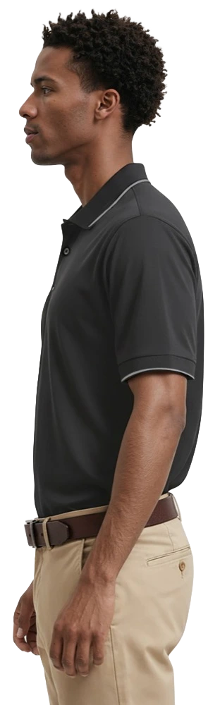 MENS WICKING PIPED POLO  -  BLACK 2 EXTRA LARGE SOLID