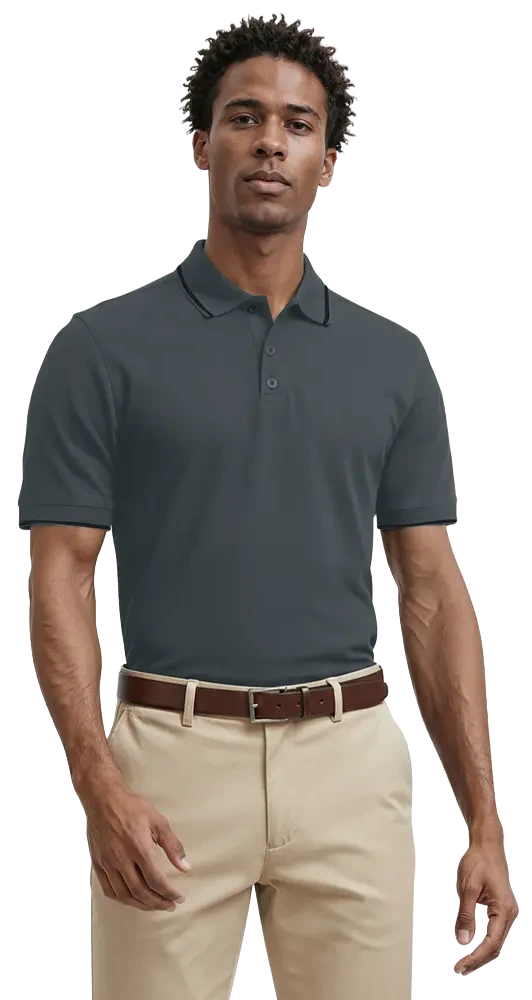 MENS WICKING PIPED POLO  -  GRAPHITE 2 EXTRA LARGE SOLID