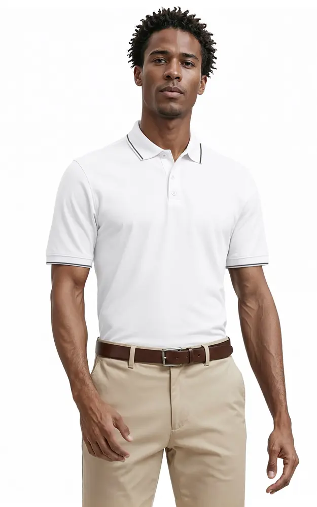 MENS WICKING PIPED POLO  -  WHITE 2 EXTRA LARGE SOLID