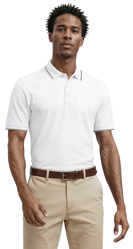 MENS WICKING PIPED POLO  -  WHITE 2 EXTRA LARGE SOLID