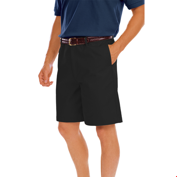 MENS FLAT FRONT TEFLON TREATED TWILL SHORTS  -  BLACK LENGTH 8 INCH WAIST 28