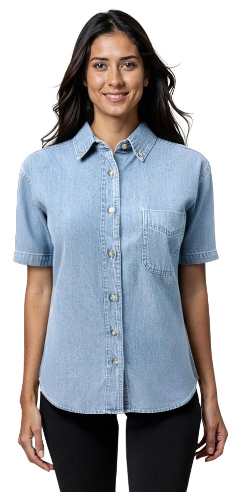 LADIES SHORT SLEEVE PREMIUM DENIM  -  FADED BLUE 2 EXTRA LARGE SOLID