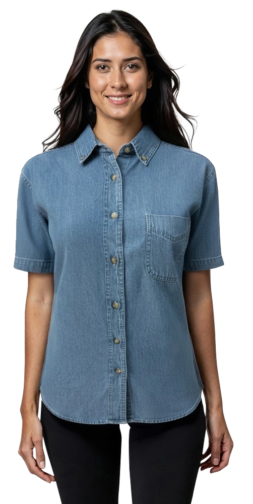 LADIES SHORT SLEEVE PREMIUM DENIM  -  VINTAGE BLUE 2 EXTRA LARGE SOLID