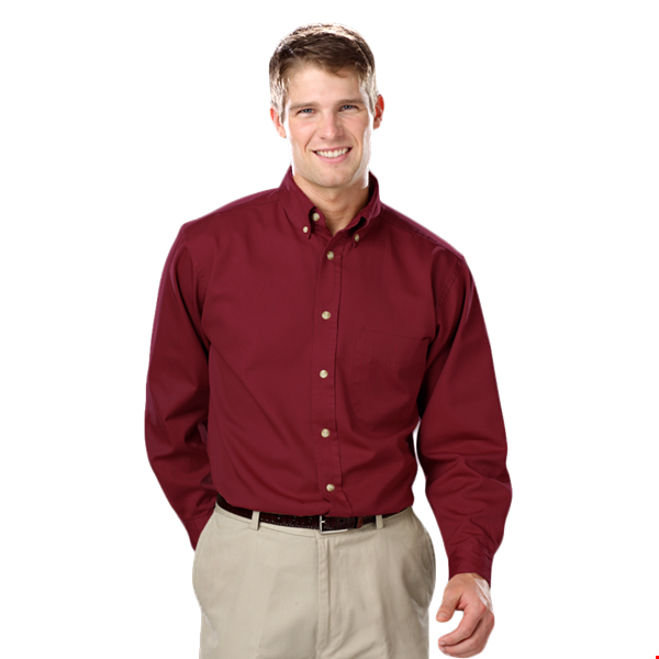 MENS LONG SLEEVE 100% COTTON TWILL  -  BURGUNDY 2 EXTRA LARGE  SOLID