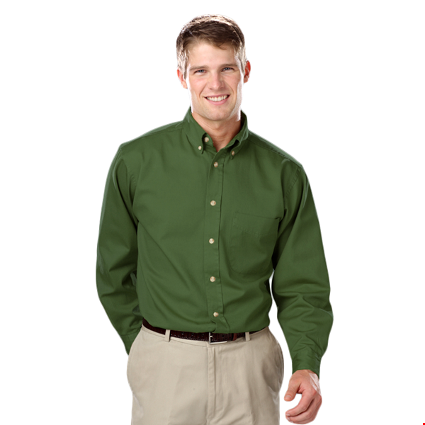 MENS LONG SLEEVE 100% COTTON TWILL -  OLIVE 2 EXTRA LARGE  SOLID