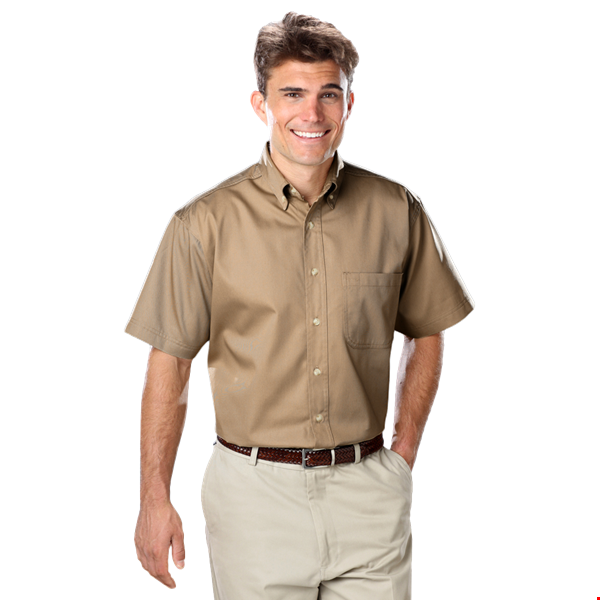 MENS SHORT SLEEVE 100% COTTON TWILL  -  TAN 2 EXTRA LARGE SOLID