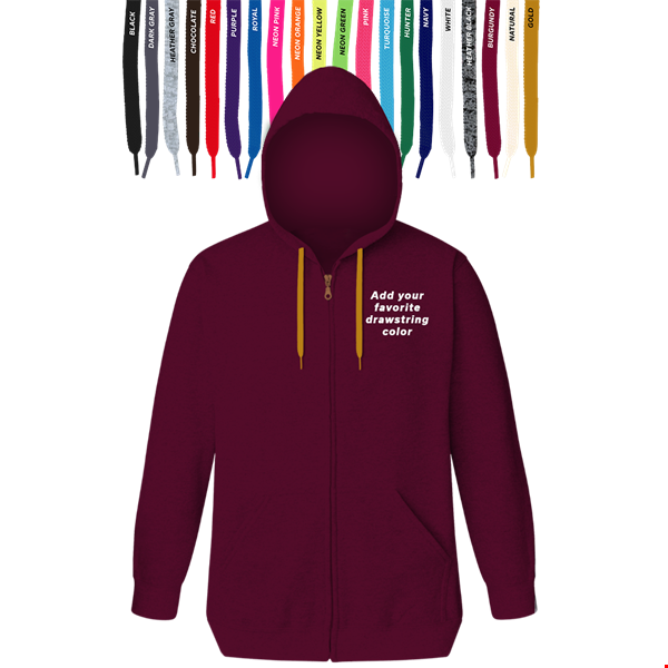 CUSTOM DRAWSTRING ZIP-UP HOODIE BURGUNDY 2 EXTRA LARGE SOLID